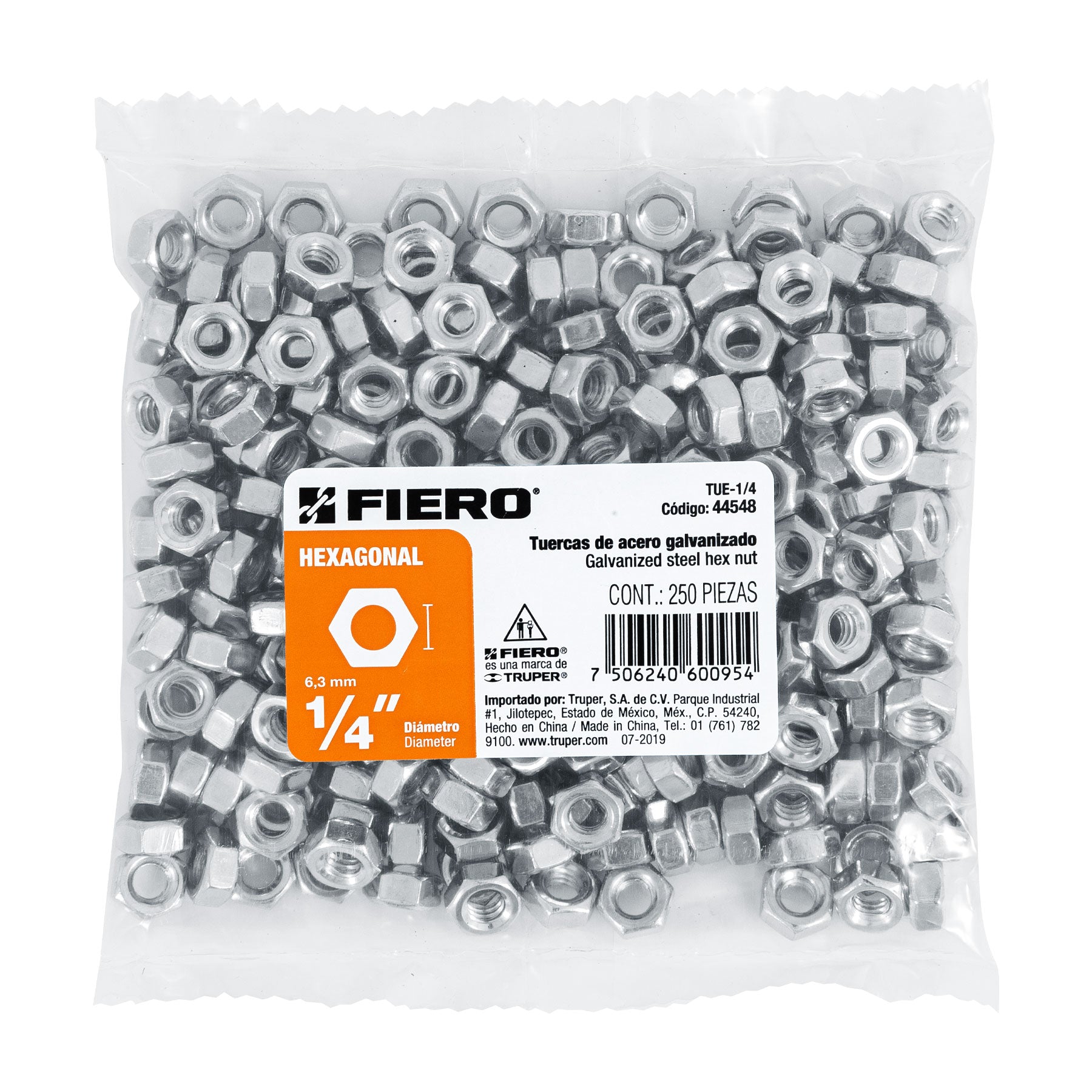 Tuerca Hexagonal Galvanizado Tue-1/4 Fiero 44548 (Bolsa de 250 Piezas)
