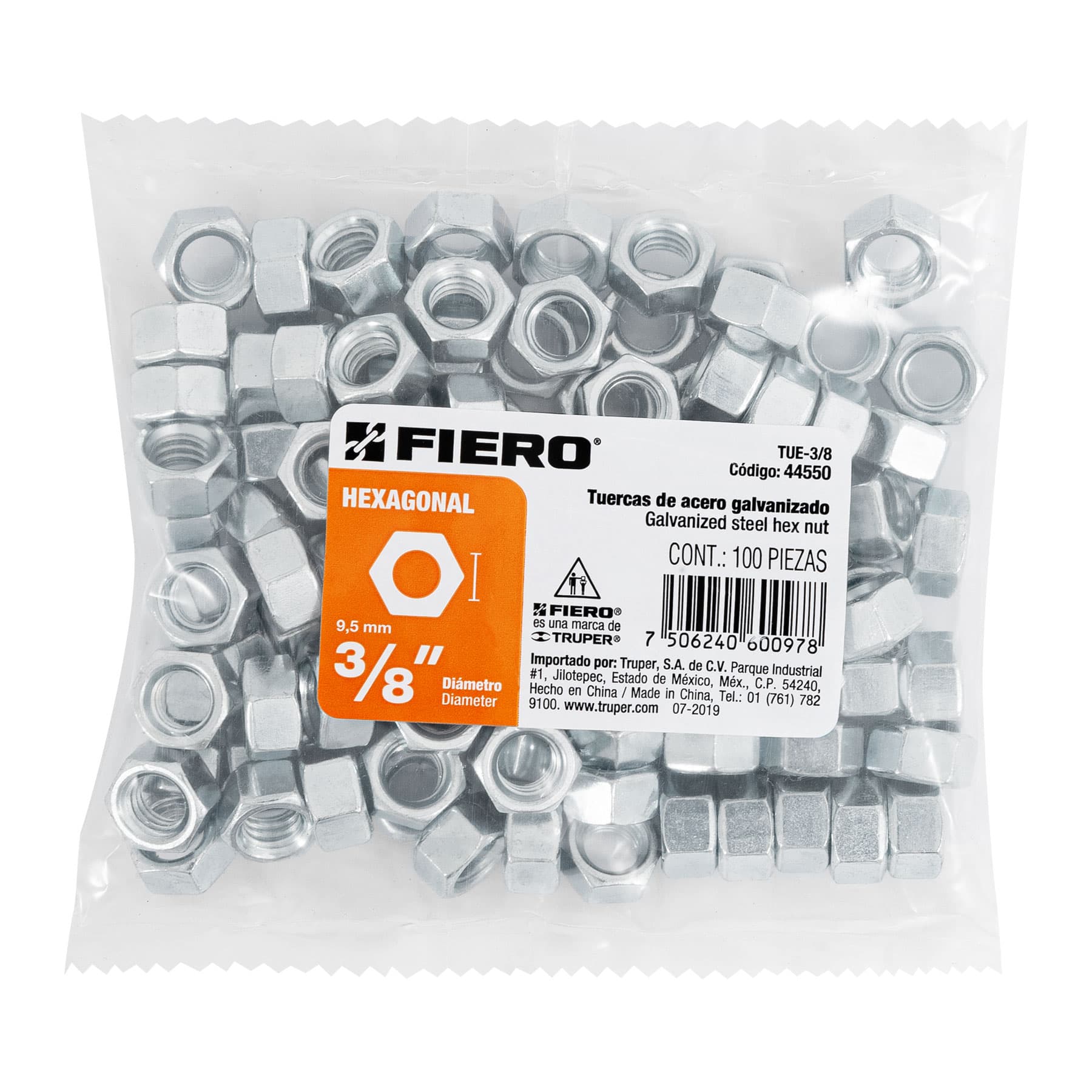 Tuerca Hexagonal Galv. Tue-3/8 Fiero 44550 (Bolsa de 100 Piezas)