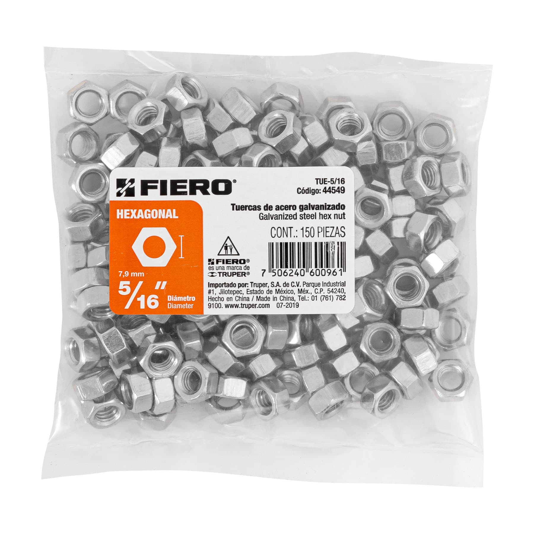 Tuerca Hexagonal Galv. Tue-5/16 Fiero 44549 (Bolsa de 150 Piezas)