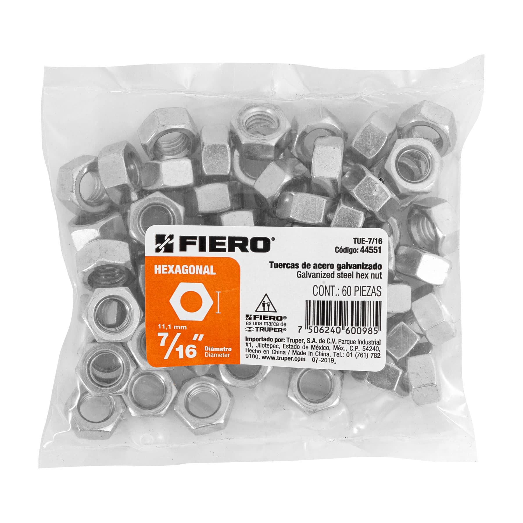 Tuerca Hexagonal Galv. Tue-7/16 Fiero 44551 (Bolsa de 60 Piezas)
